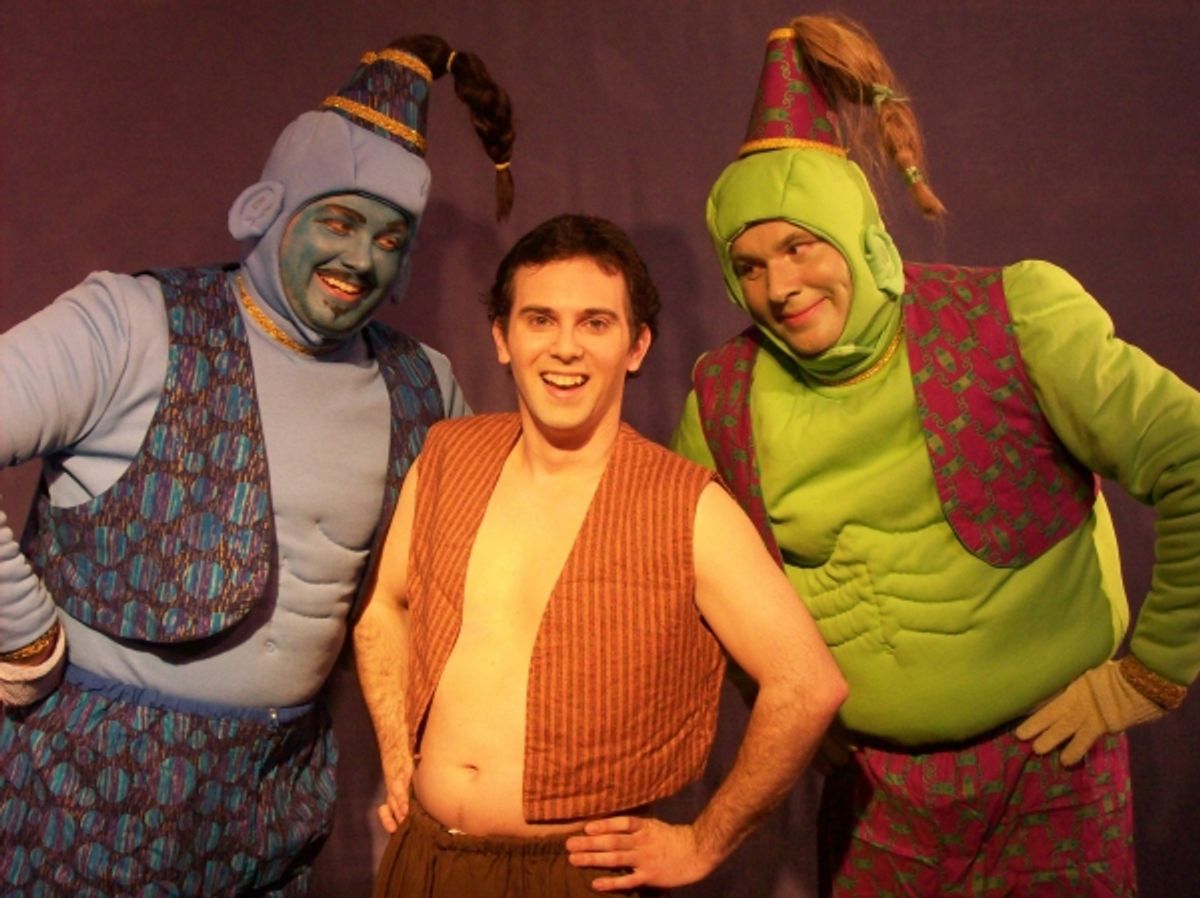 Jordan Stocksdale as the Genie of the Ring, Gary Bernard DiNardo as Aladdin, and Jeremy Trammelle as the Genie of the Lamp at 